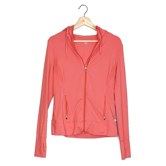 Alo Yoga Full Zip Hooded Track Running Jacket Electric Coral Pink Pockets Size M - Picture 1 of 13